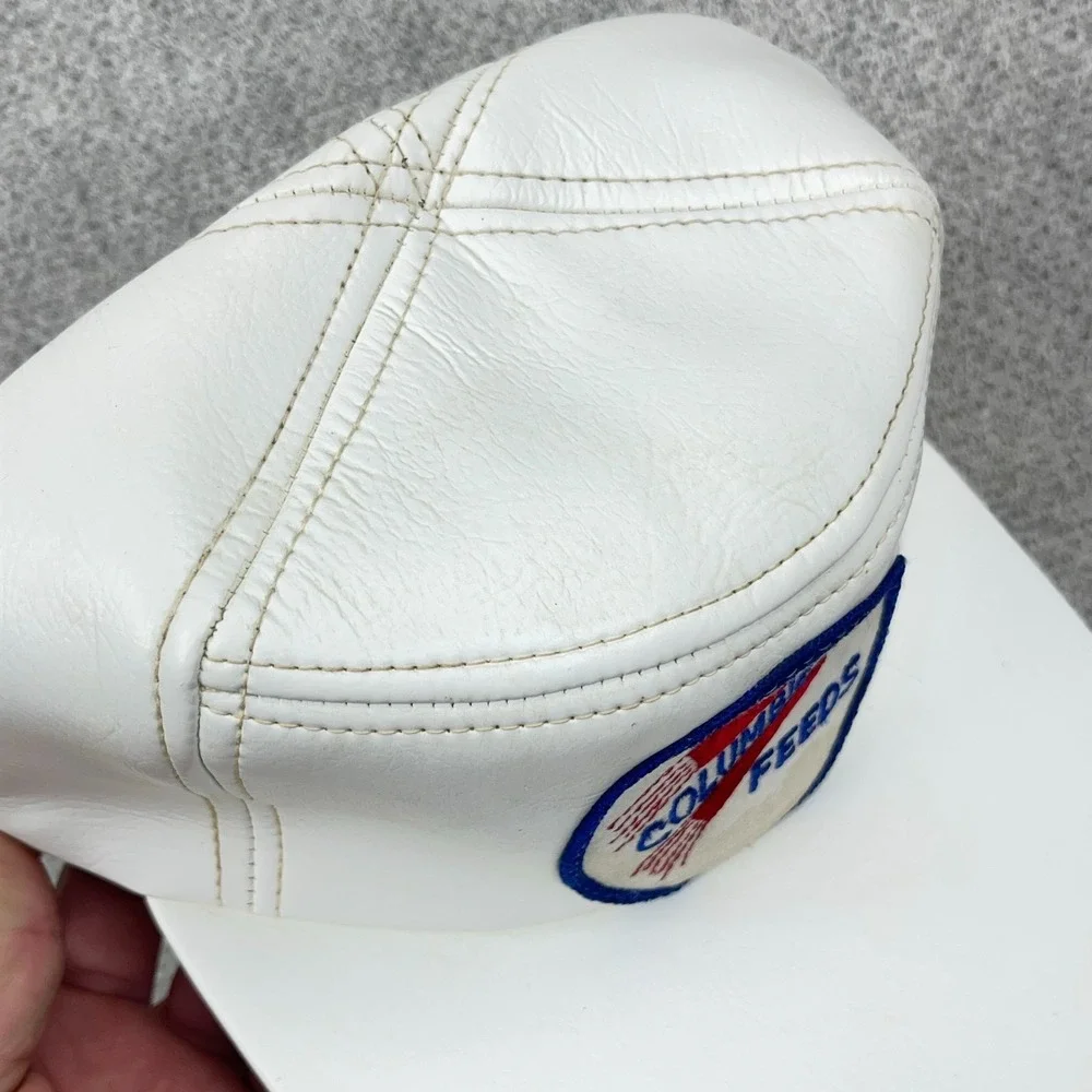 Vintage Columbia Feeds Trapper Hat Cap Trucker White Leather Patch 80s Made USA